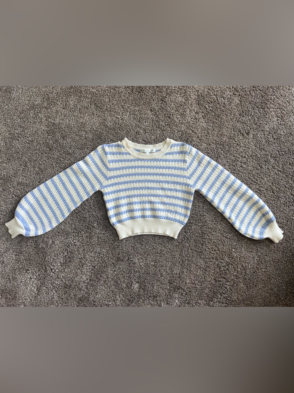 Altar'd State Cream and Light Blue Striped Cropped Crewneck Sweater Size S